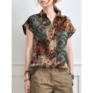 👉 Short sleeve s cotton vrouwen rood Vintage Print Lapel Blouse For Women