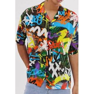 👉 Shirts korte mouw s polyester male zwart Mens Colorful Print Buttons Short Sleeve