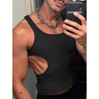 👉 Sleeveless polyester s male zwart Men Sexy Side Cutout Vest