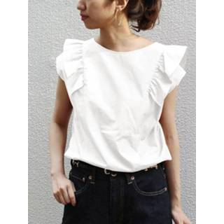 Shirt s polyester vrouwen wit Solid Ruffle Sleeve Keyhole Back Crew Neck Blouse