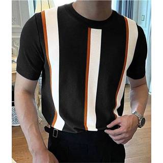 👉 Short sleeve s polyester male zwart Mens Japan Striped Knit T-shirt