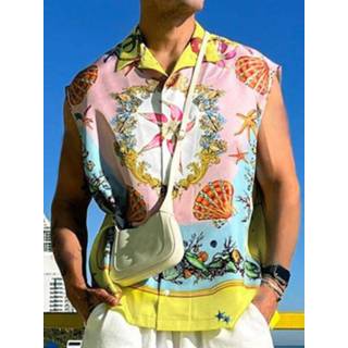 👉 Sleeveless s polyester male geel Mens Hawaiian Floral Print Shirts