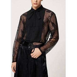 👉 Shirt lange mouw s polyester male zwart Mens Lace See Through Bowknot Long Sleeve