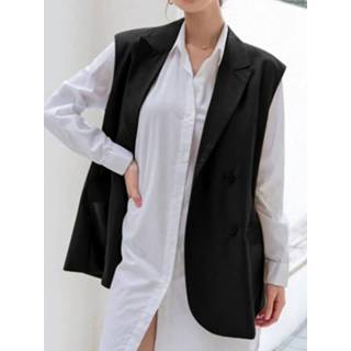 👉 Sleeveless s polyester vrouwen zwart Solid Pocket Button Front Lapel Vest Jacket