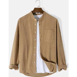 👉 Shirt lange mouw s polyester male kaki Mens Plain Color Stand Collar Chest Pocket Long Sleeve Shirts