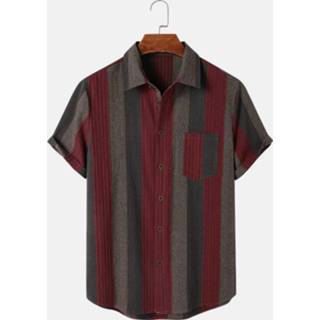 👉 Shirts korte mouw s cotton male bruin Mens Striped Chest Pocket Button Up Short Sleeve