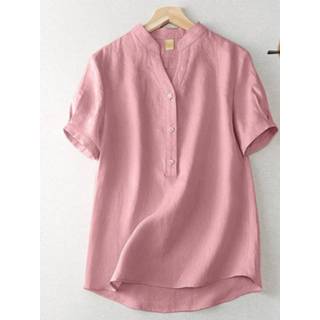 👉 Short sleeve s cotton vrouwen roze Solid Button Casual T-shirt