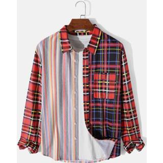 👉 Shirt lange mouw s polyester male rood Mens Colorful Striped & Plaid Patchwork Lapel Long Sleeve Shirts