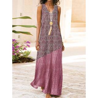 👉 Sleeveless s polyester vrouwen Wine Red Leisure Geo Pattern Patchwork V-neck Maxi Dress