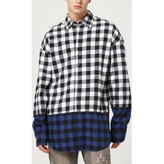👉 Shirt lange mouw s polyester male zwart Mens Plaid Patchwork Lapel Long Sleeve