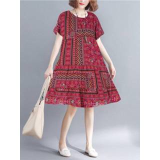 👉 Short sleeve s cotton vrouwen donkergroen Vintage Print Crew Neck Dress