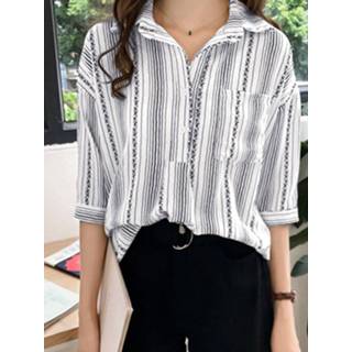 👉 Shirt lange mouw s polyester vrouwen wit Floral Striped Pattern Pocket Button Long Sleeve