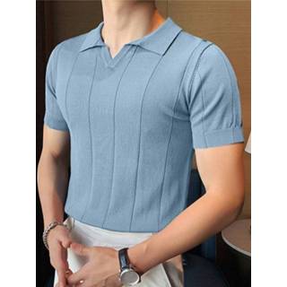 👉 Short sleeve s polyester male zwart Mens Striped Slim Lapel Shirt