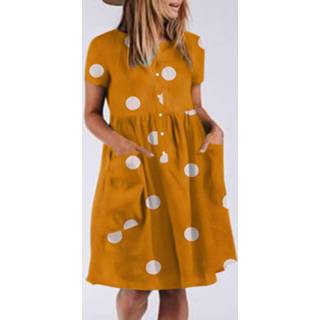 👉 Short sleeve s polyester vrouwen marine Polka Dot Button Pocket Midi Dress