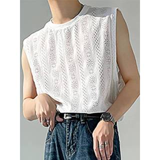 👉 Sleeveless s polyester male wit Mens Lace Solid Crew Neck Tank Top
