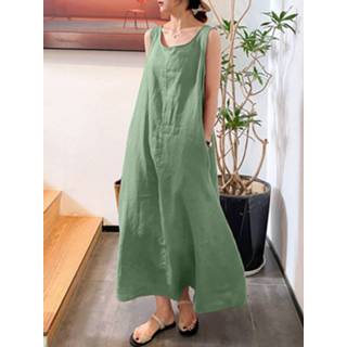 👉 Sleeveless s cotton vrouwen donkergroen Solid Pocket Vintage Dress For Women