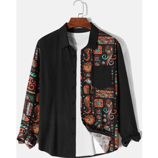 👉 Shirt lange mouw s polyester male zwart Mens Ethnic Tribal Pattern Patchwork Lapel Long Sleeve Shirts