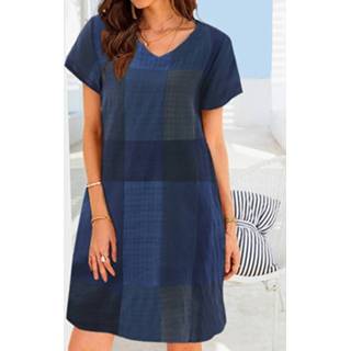 👉 Short sleeve s polyester vrouwen marine Check Pattern V-neck Dress For Women