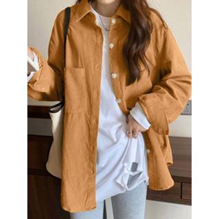 👉 Shirt lange mouw s polyester vrouwen donkergroen Solid Loose Pocket Button Front Lapel Long Sleeve