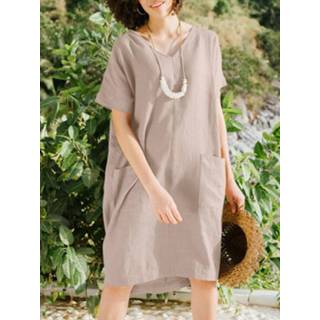 👉 Short sleeve s polyester vrouwen marine Solid Pocket V-neck Dress For Women