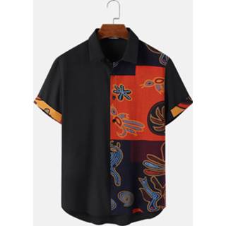 Shirts korte mouw s polyester male zwart Mens Ethnic Pattern Color Block Patchwork Short Sleeve