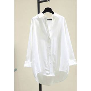 👉 Shirt lange mouw s cotton vrouwen wit Solid High-low Hem Button Lapel Long Sleeve