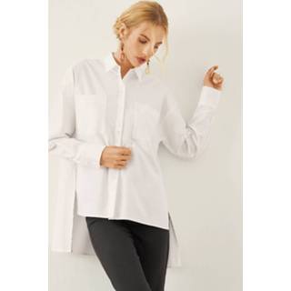 👉 Shirt lange mouw s polyester vrouwen wit Solid High-low Hem Pocket Button Front Long Sleeve