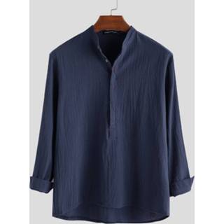 👉 Shirt lange mouw m cotton male blauw Mens Solid Stand Collar Button Long Sleeve