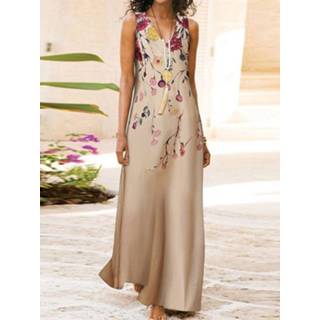 👉 Sleeveless s polyester vrouwen kaki Flower Leaves Print V-neck Maxi Dress
