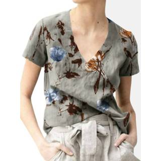 Short sleeve s polyester vrouwen donkergroen Flower Print V-neck T-shirt For Women