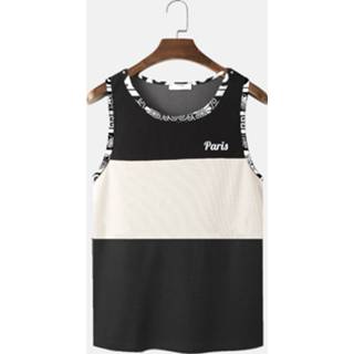 👉 Sleeveless s polyester male zwart Mens Color Block Trims Print Patchwork Knitted Tanks