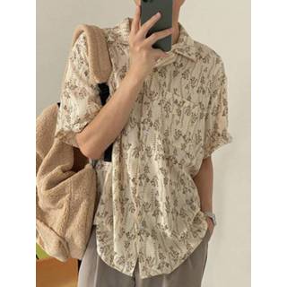 👉 Shirts korte mouw s cotton male apricot Mens Loose Print Short Sleeve Shirt