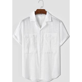 👉 Shirts korte mouw large s cotton male wit Mens Solid Color Button Pocket Short Sleeve