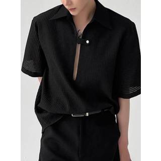 👉 Poloshirt s polyester male zwart Mens Textured Slightly See Through Polo Shirt