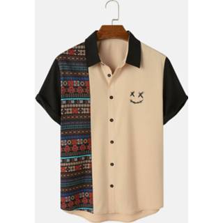 👉 Shirts korte mouw s polyester male apricot Mens Colorful Geometric & Smile Face Print Patchwork Short Sleeve