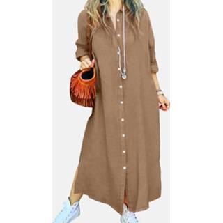 👉 Shirt lange mouw s polyester vrouwen blauw Solid Loose Slit Hem Button Long Sleeve Dress