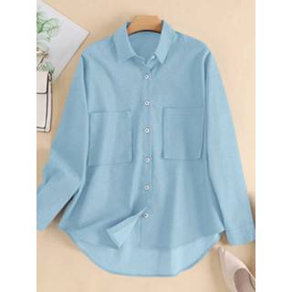 👉 Shirt lange mouw s cotton vrouwen Light Blue Solid Denim Pocket Button Lapel Long Sleeve