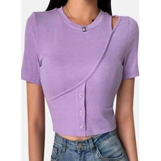 👉 Hollow Solid Color Button Short Sleeve T-shirt For Women