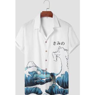 👉 Shirts korte mouw s polyester male wit Mens Japanese Wave Carp Print Revere Collar Short Sleeve