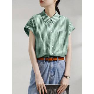 👉 Short sleeve s polyester vrouwen zwart Stripe Print Pocket Button Lapel Shirt