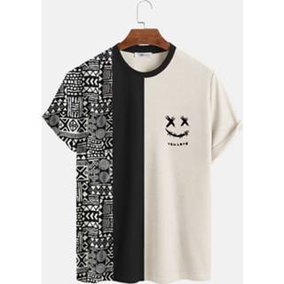 👉 Short sleeve s polyester male beige Mens Geometric Funny Face Print Patchwork Knit T-Shirts