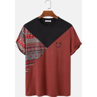 👉 Short sleeve XL polyester male zwart Mens Geometric & Smile Face Print Patchwork T-Shirts