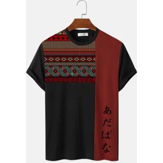 👉 Short sleeve s polyester male zwart Mens Japanese Geometric Print Patchwork Crew Neck T-Shirts