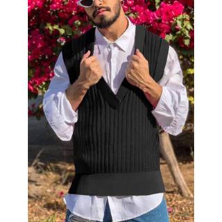 👉 Sleeveless l polyester male zwart Mens V-neck Sweater Vest