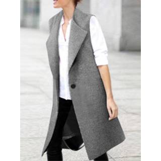 👉 Sleeveless s polyester vrouwen zwart Women Solid Pocket Lapel Vest Jacket