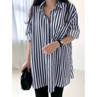 Shirt lange mouw s polyester vrouwen zwart Stripe Pattern Loose Lapel Button Long Sleeve