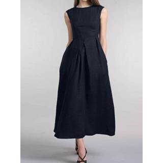 👉 Sleeveless s polyester vrouwen marine Women Solid Pocket Crew Neck Casual Dress