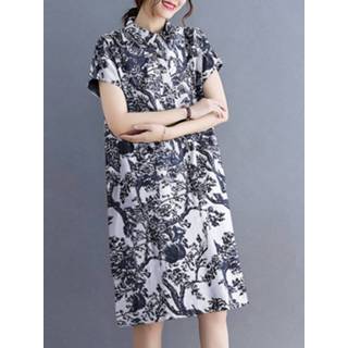 👉 Short sleeve s cotton vrouwen wit Plants Print Lapel Button Dress