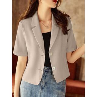 👉 Short sleeve s polyester vrouwen zwart Solid Lapel Casual Button Blazer