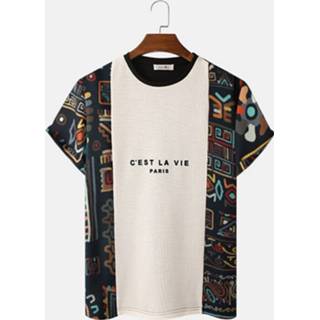 👉 Short sleeve s polyester male apricot Mens Ethnic Tribal Pattern Letter Embroidered Knit T-Shirts